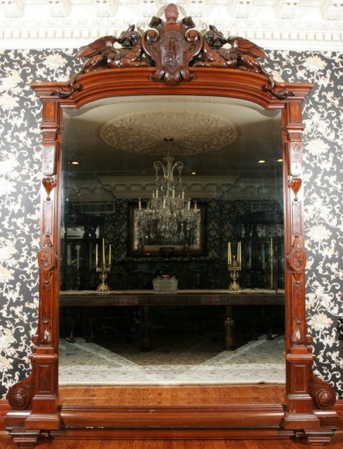 33.7196 Antique Renaissance Revival Carved Mahogany & Burl Walnut Mirror
