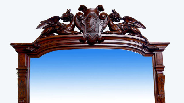 33.7196 Antique Renaissance Revival Carved Mahogany & Burl Walnut Mirror