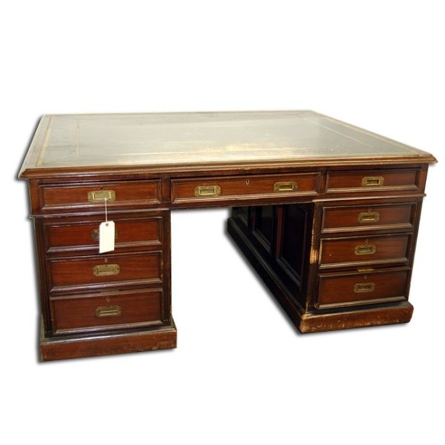 7175 Antique English Partners Desk with Black Leather Top