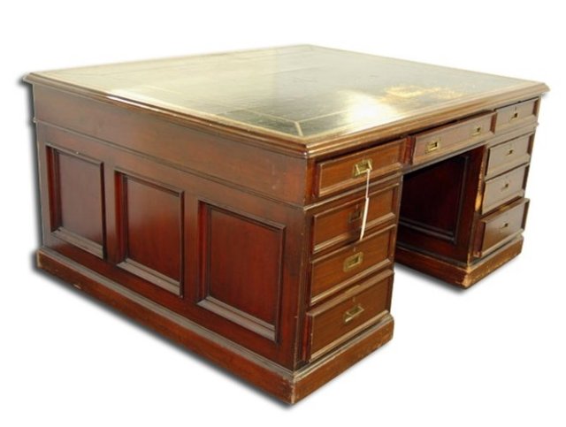 7175 Antique English Partners Desk with Black Leather Top