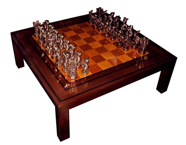 82.2654 4' Square Game Table with Hand Sculpted Solid Bronze Chess Pieces Signed Dunn