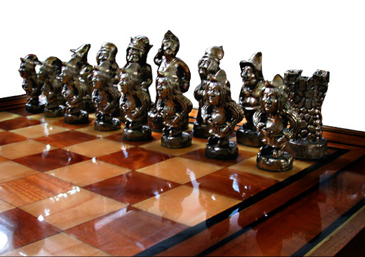 82.2654 4' Square Game Table with Hand Sculpted Solid Bronze Chess Pieces Signed Dunn
