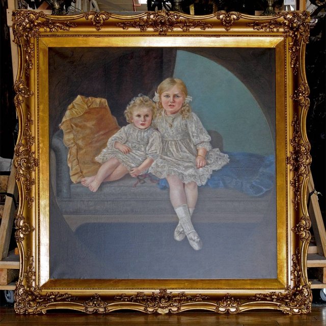 7238 Antique Oil on Canvas Portrait of Two Sisters signed Anne Marks