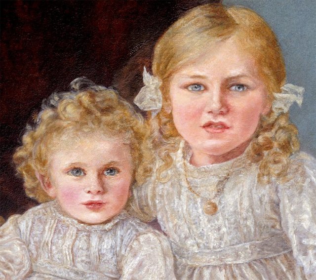 7238 Antique Oil on Canvas Portrait of Two Sisters signed Anne Marks