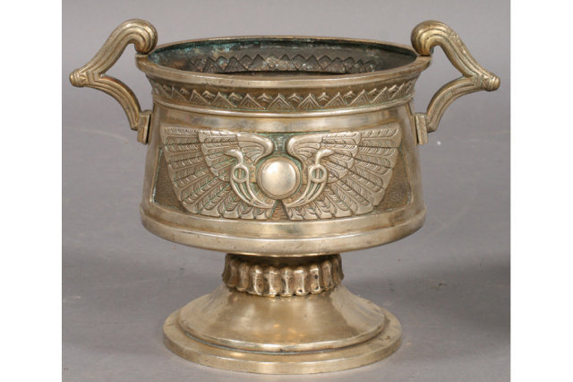7399 Three piece Egyptian Revival nickel over bronze jardiniere set circa 1920