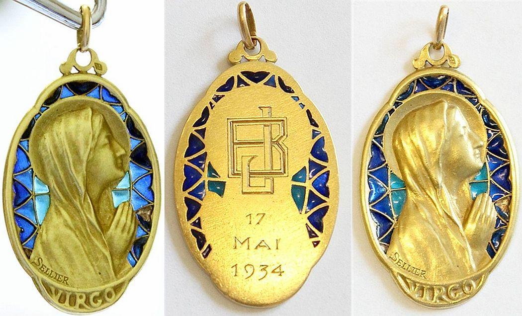 Vintage 18 K Gold Plique-à-Jour Virgin Mary Large Pendant Medal 1934 - Pristine and Unique