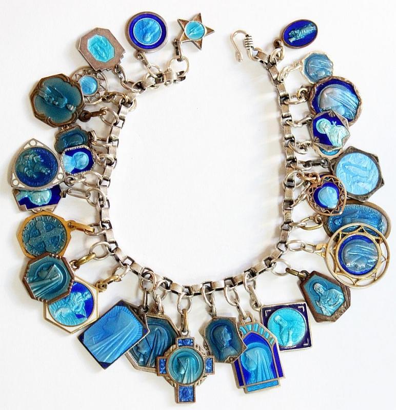 Religious Vintage Sterling Silver Charm Bracelet with 32 Rare Pristine Religious Medals Enameled on Both Sides