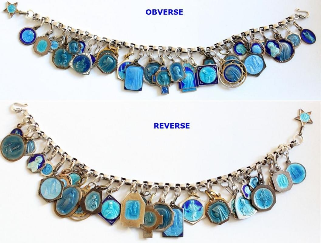 Religious Vintage Sterling Silver Charm Bracelet with 32 Rare Pristine Religious Medals Enameled on Both Sides