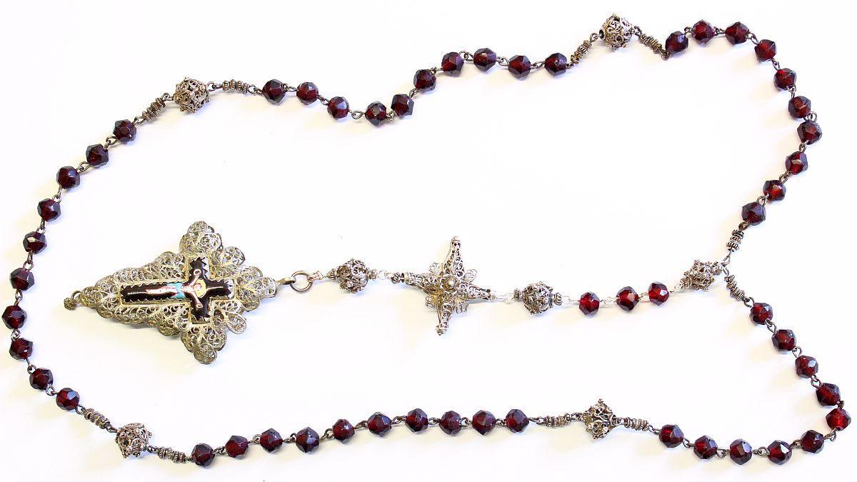 Exceptional 19th Century Bavarian Garnet & Filigree Catholic Rosary Complete w. Credo and Reliquary Porcelain Inlay Cross