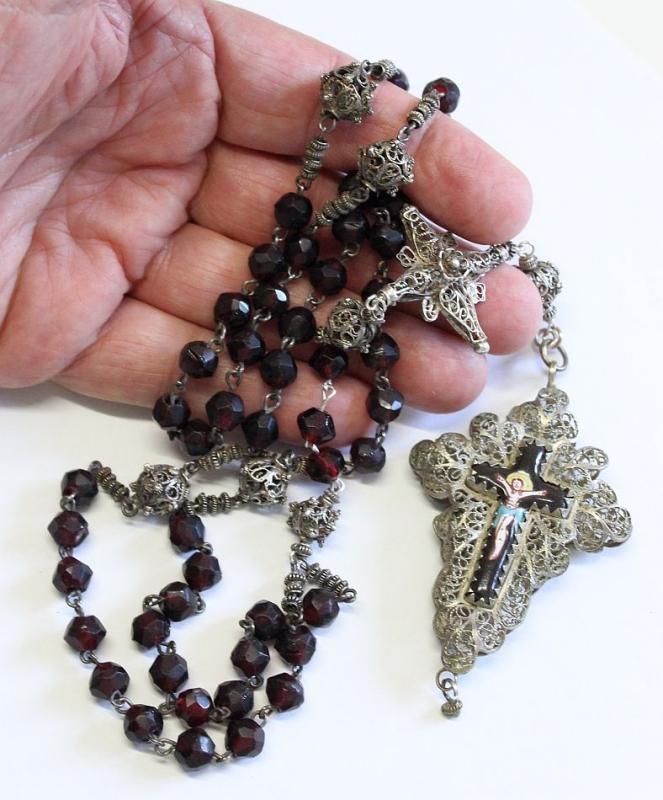 Exceptional 19th Century Bavarian Garnet & Filigree Catholic Rosary Complete w. Credo and Reliquary Porcelain Inlay Cross