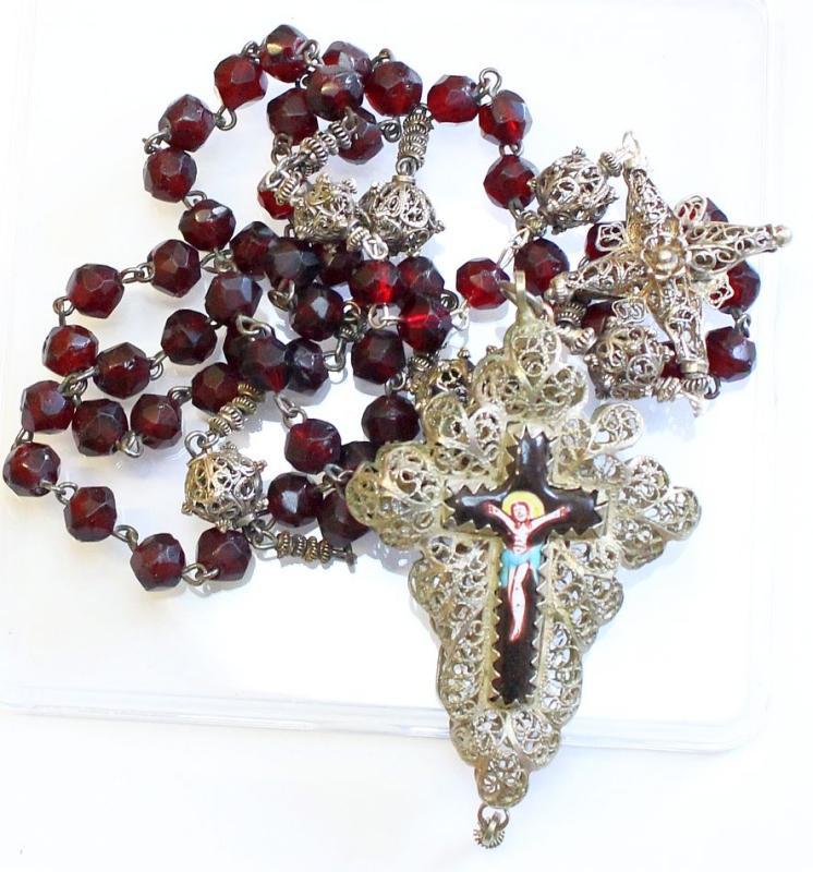 Exceptional 19th Century Bavarian Garnet & Filigree Catholic Rosary Complete w. Credo and Reliquary Porcelain Inlay Cross