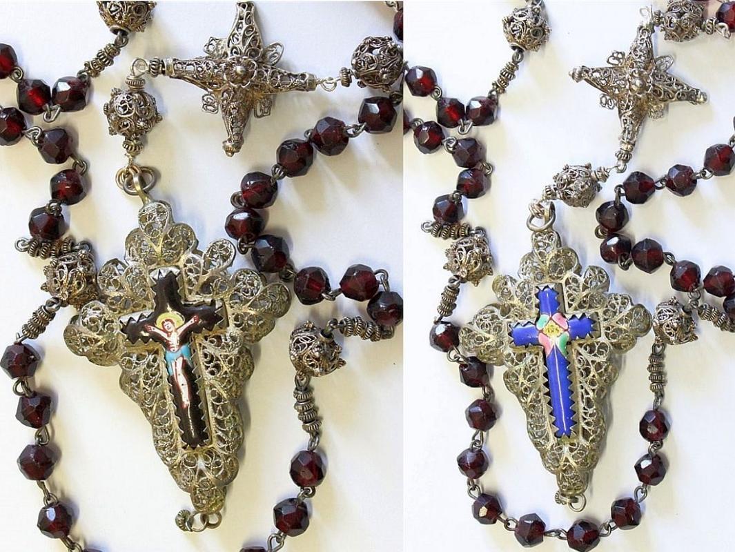 Exceptional 19th Century Bavarian Garnet & Filigree Catholic Rosary Complete w. Credo and Reliquary Porcelain Inlay Cross