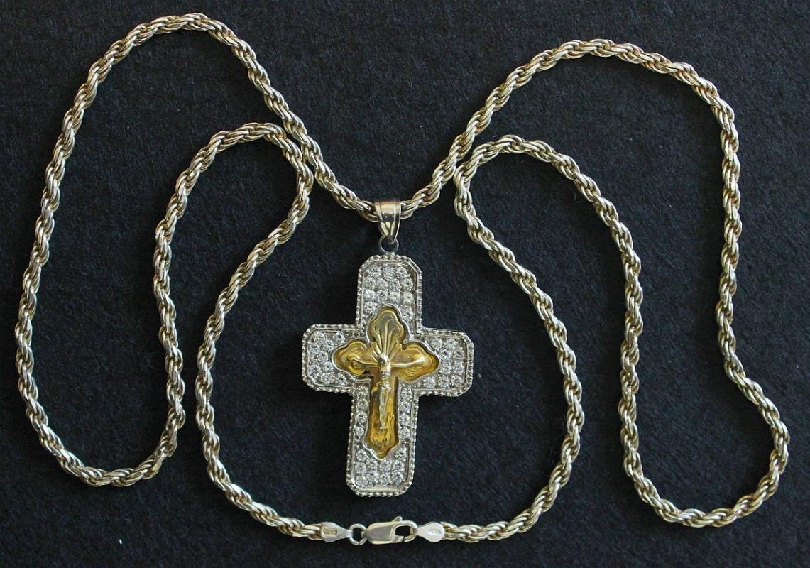 Early 20th Cent. Russian Vermeil Pectoral Cross in Sterling and Zircon Frame with Sterling Chain, a Unique Jewel