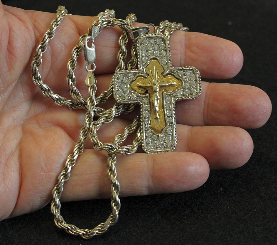 Early 20th Cent. Russian Vermeil Pectoral Cross in Sterling and Zircon Frame with Sterling Chain, a Unique Jewel
