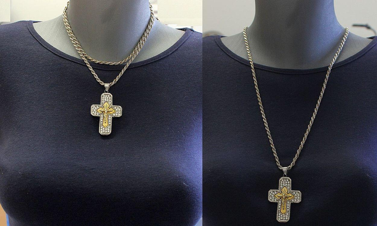 Early 20th Cent. Russian Vermeil Pectoral Cross in Sterling and Zircon Frame with Sterling Chain, a Unique Jewel