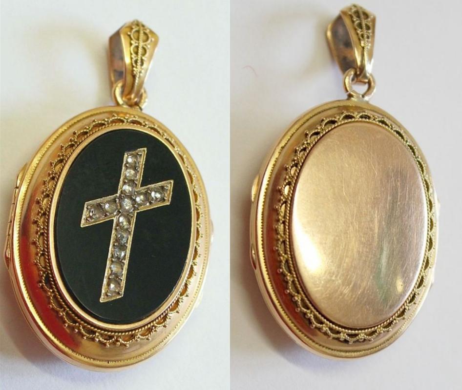 Victorian Onyx & 18K. Gold Locket with Tested Diamonds Cross - Pristine - High Rarity