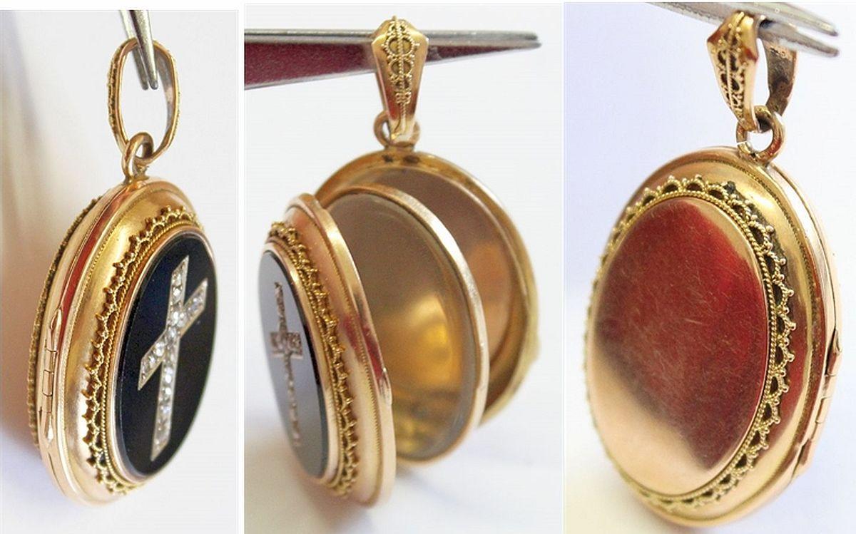 Victorian Onyx & 18K. Gold Locket with Tested Diamonds Cross - Pristine - High Rarity