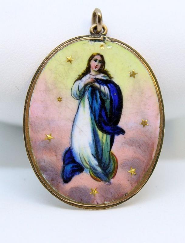 Late XIXth Cent Vintage Medal Mary's Assumption Hand Painted in 18K Gold Frame
