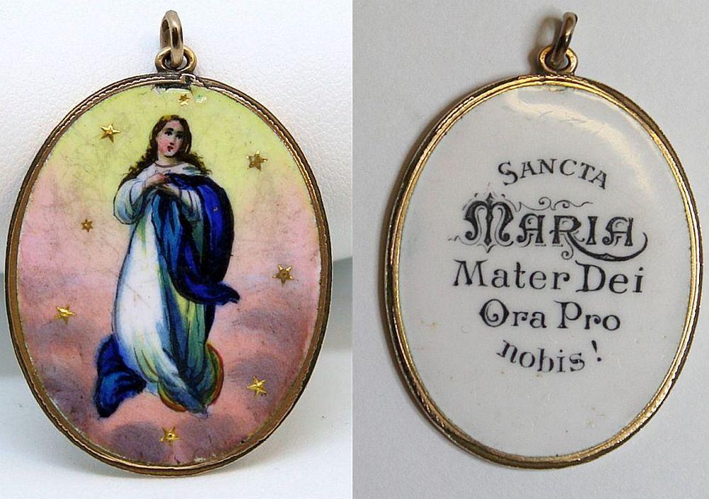 Late XIXth Cent Vintage Medal Mary's Assumption Hand Painted in 18K Gold Frame