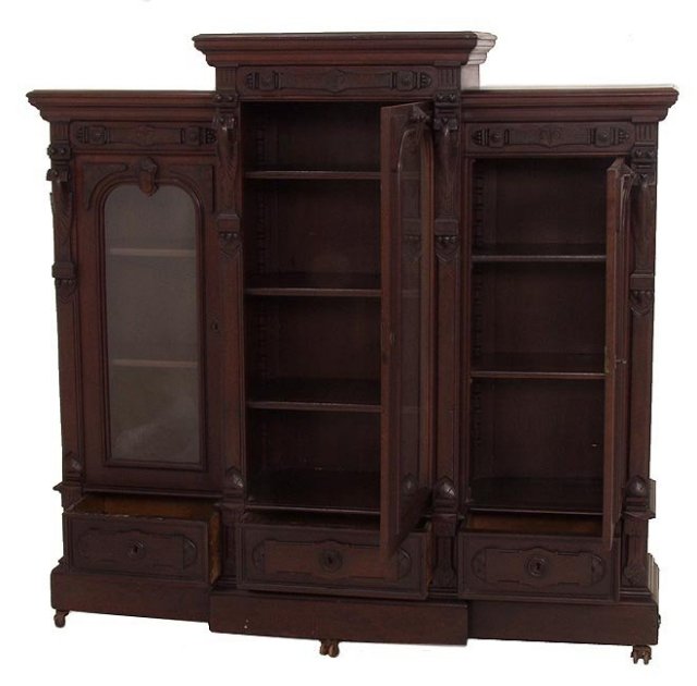 Three door walnut Victorian bookcase