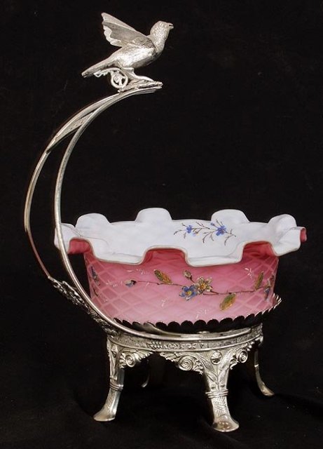Victorian satin glass basket with bird
