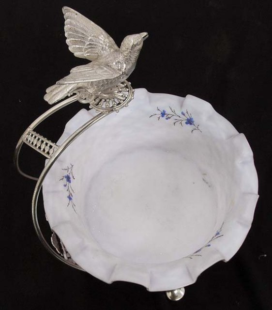 Victorian satin glass basket with bird