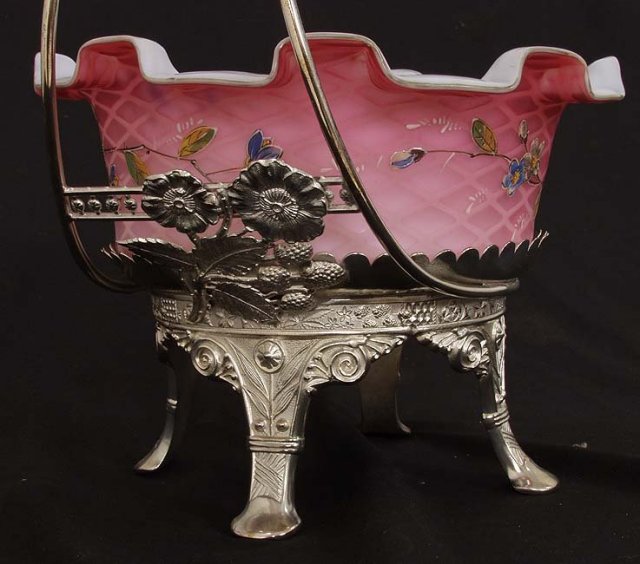 Victorian satin glass basket with bird