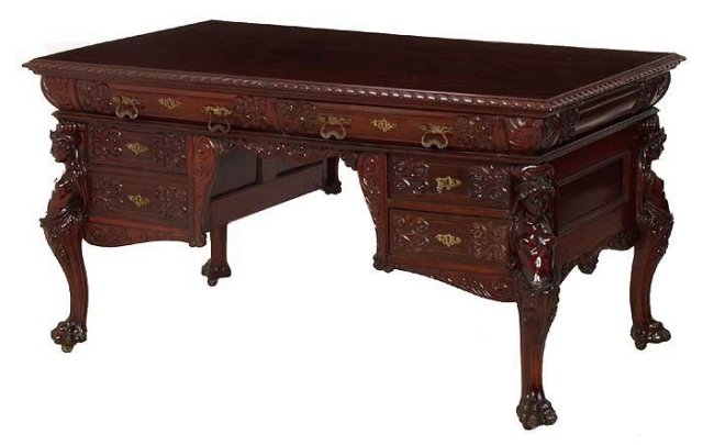Figural carved Victorian mahogany partners desk