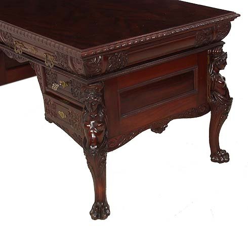 Figural carved Victorian mahogany partners desk