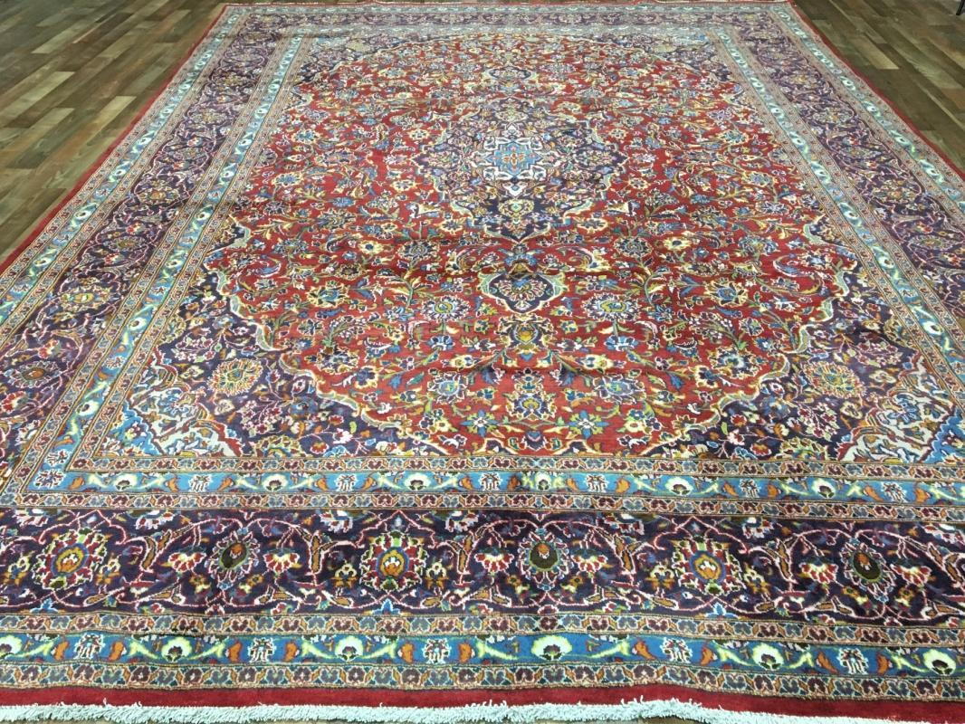 Hand Made Vintage Kashan Red/ Blue Wool Oriental Area Rug 9'5 x 12'7