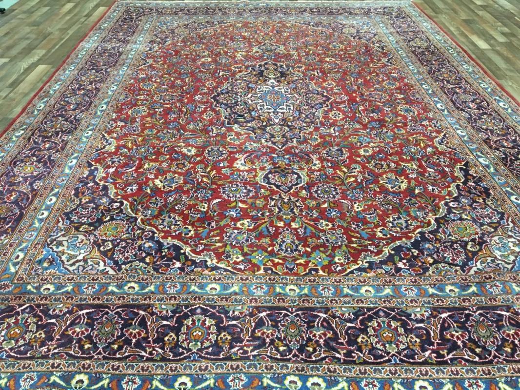 Hand Made Vintage Kashan Red/ Blue Wool Oriental Area Rug 9'5 x 12'7