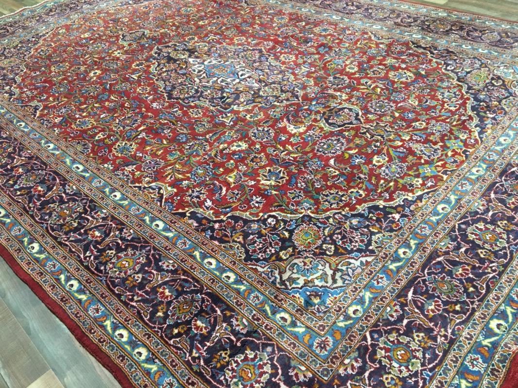 Hand Made Vintage Kashan Red/ Blue Wool Oriental Area Rug 9'5 x 12'7