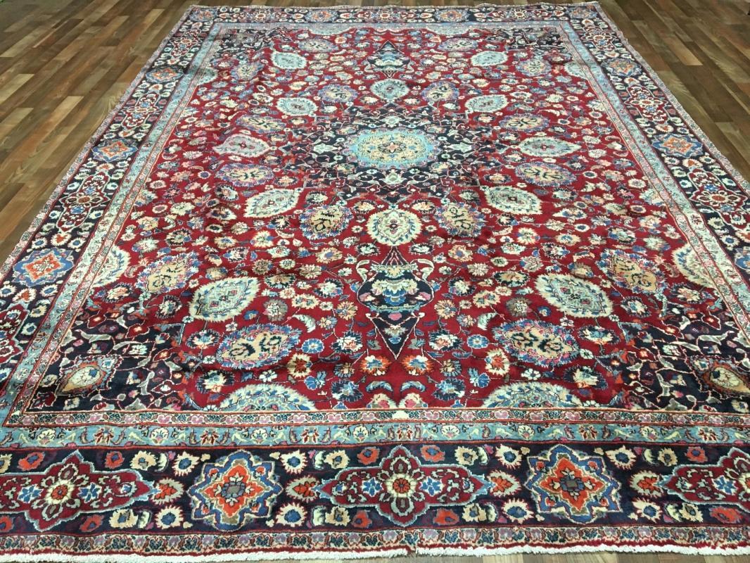 Vintage Handmade Mashad Red Wool Oriental Rug 8'8 x 12'