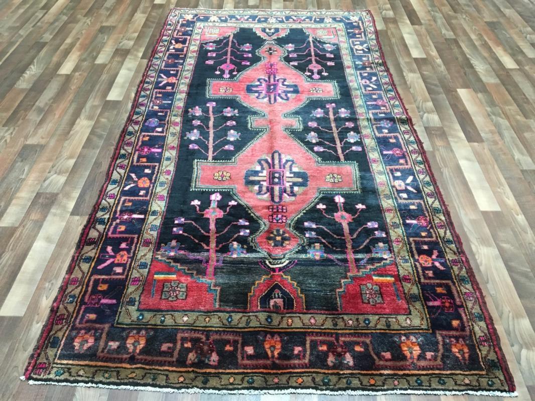Handmade Vintage Persian Hamadan Pink & Black Oriental Runner 4'11 x 9'6