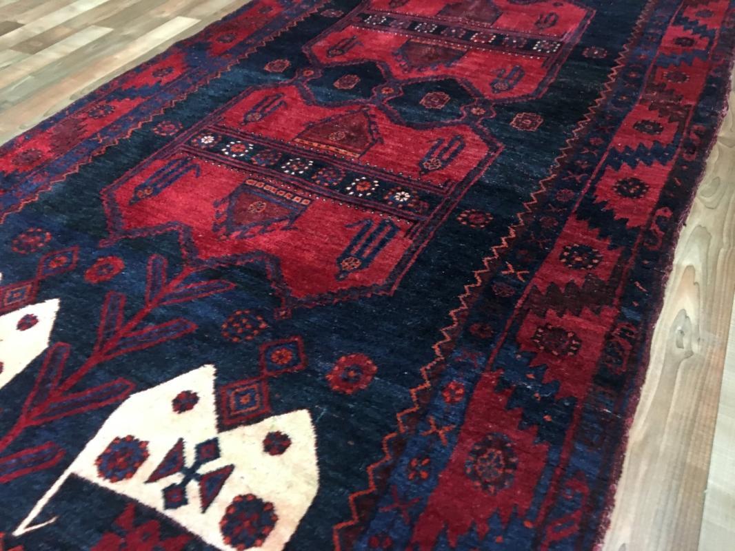 Handmade Vintage Persian Hamadan Black & Red Oriental Runner 4' x 8'5
