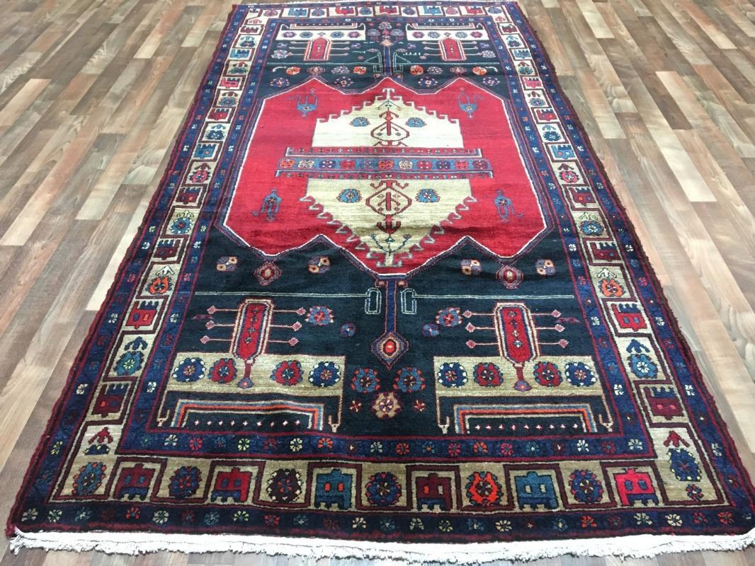 Handmade Vintage Hamadan Black & Beige Wool Oriental Rug 4'5 x 10'2