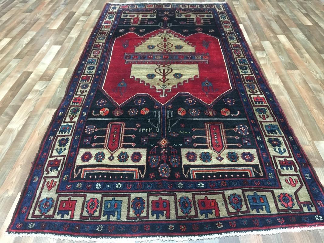 Handmade Vintage Hamadan Black & Beige Wool Oriental Rug 4'5 x 10'2