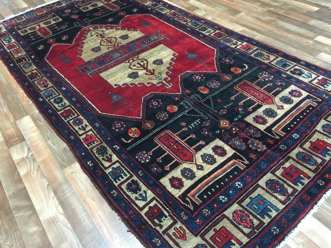 Handmade Vintage Hamadan Black & Beige Wool Oriental Rug 4'5 x 10'2