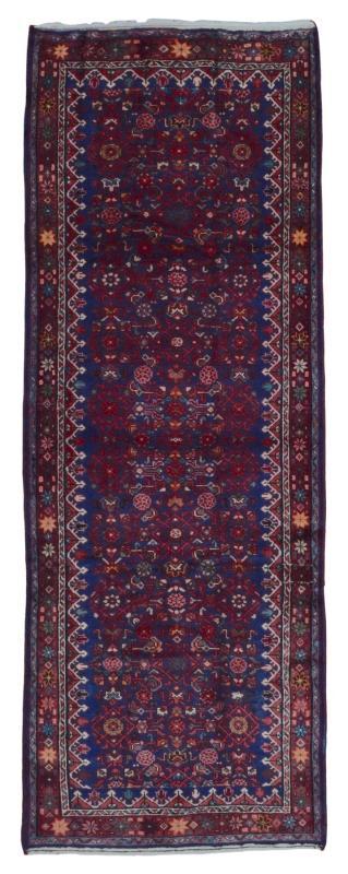 Handmade Vintage Hamadan Red & Blue Wool Runner Rug 3'10 x 10'4