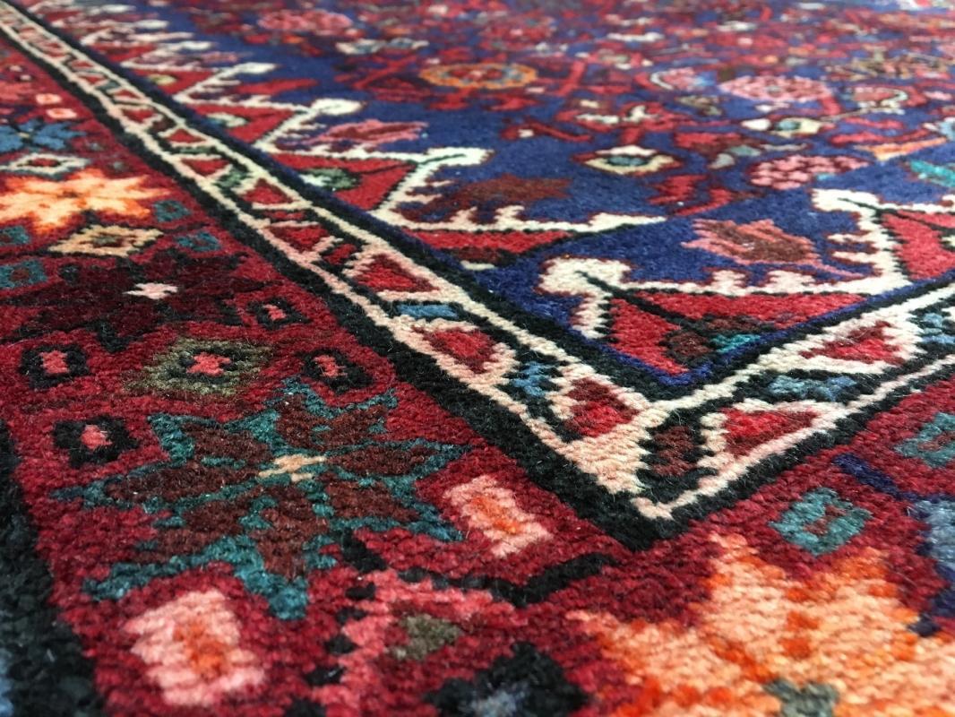 Handmade Vintage Hamadan Red & Blue Wool Runner Rug 3'10 x 10'4