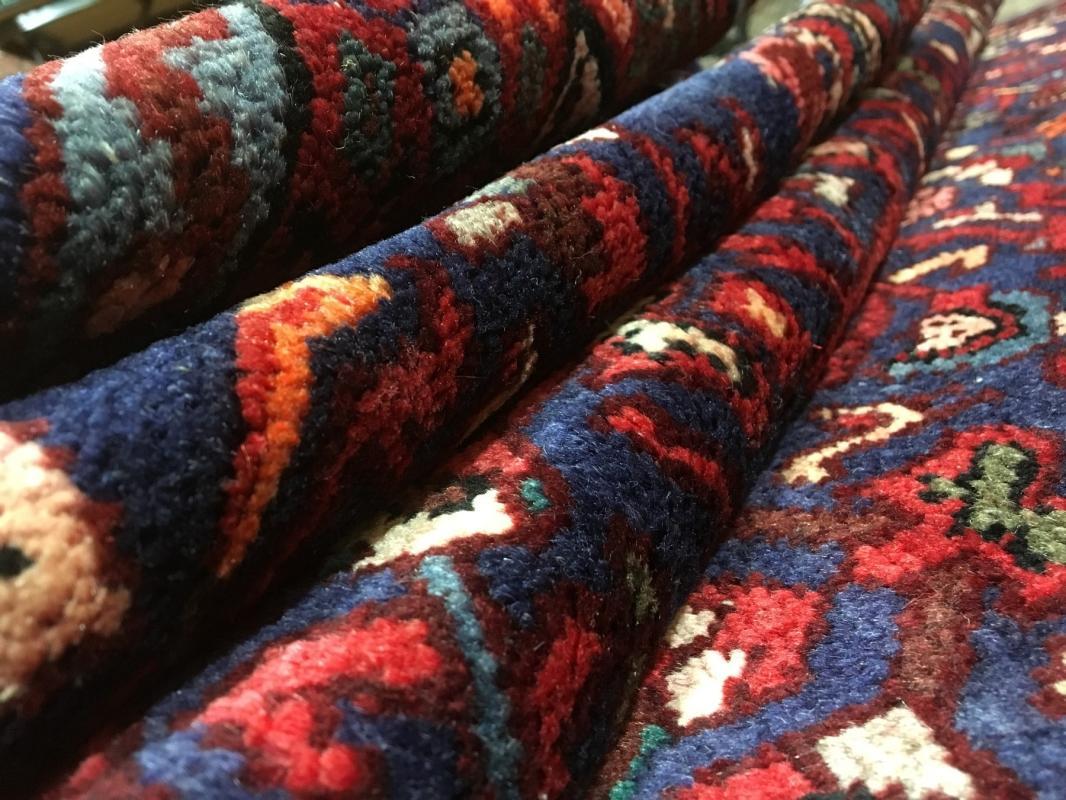 Handmade Vintage Hamadan Red & Blue Wool Runner Rug 3'10 x 10'4