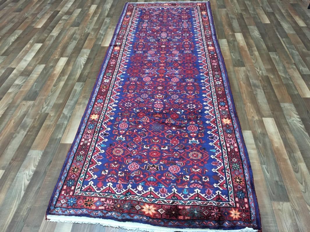 Handmade Vintage Hamadan Red & Blue Wool Runner Rug 3'10 x 10'4