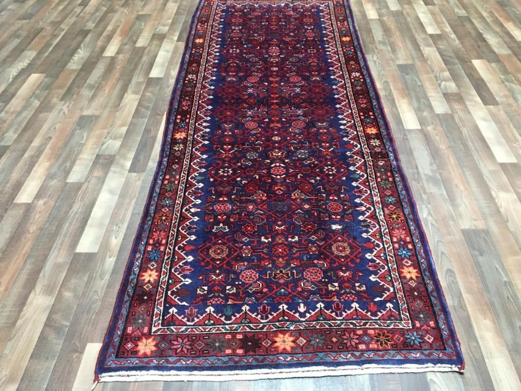 Handmade Vintage Hamadan Red & Blue Wool Runner Rug 3'10 x 10'4