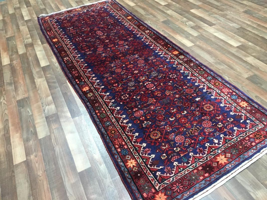 Handmade Vintage Hamadan Red & Blue Wool Runner Rug 3'10 x 10'4