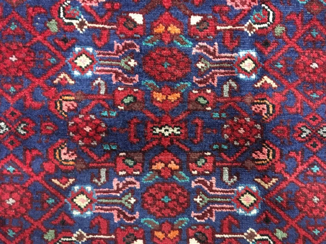 Handmade Vintage Hamadan Red & Blue Wool Runner Rug 3'10 x 10'4