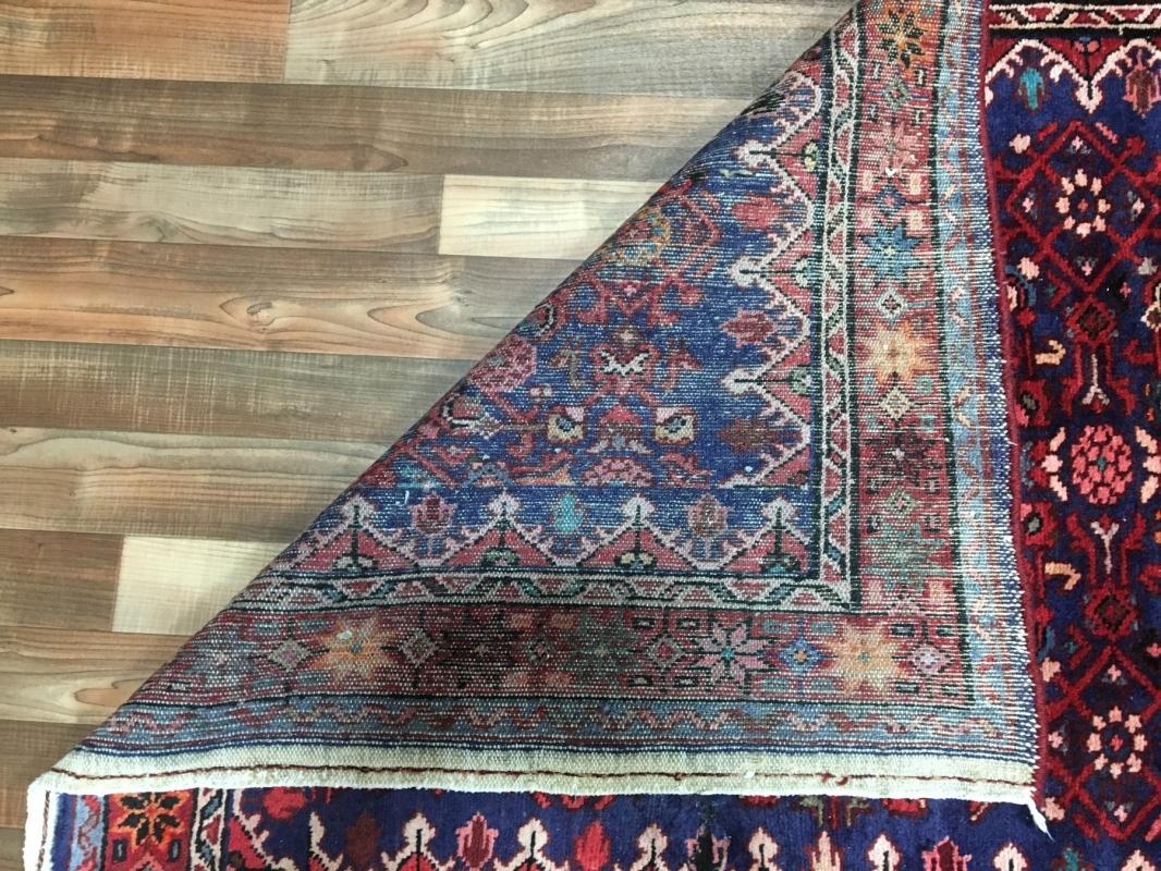 Handmade Vintage Hamadan Red & Blue Wool Runner Rug 3'10 x 10'4
