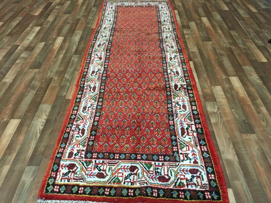 Handmade Vintage Hamadan Red Wool Runner Rug 3'6 x 10'8