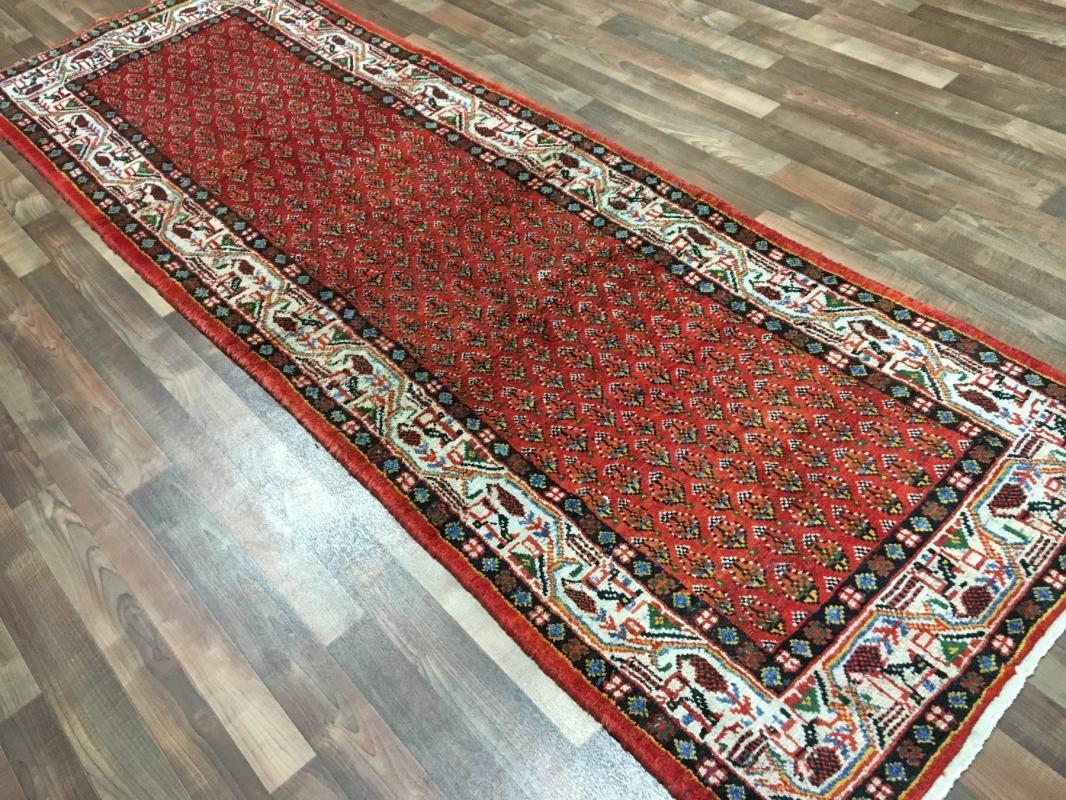 Handmade Vintage Hamadan Red Wool Runner Rug 3'6 x 10'8