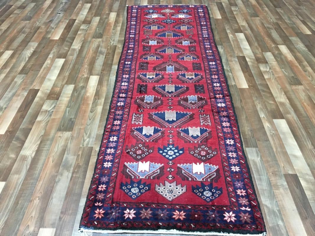 Handmade Vintage Persian Hamadan Red Oriental Runner 3'1 x 9'8