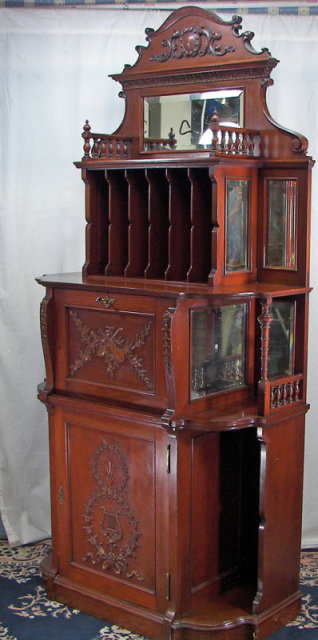 Elaborate Cherry Wood Horner Style Tall Music Cabinet